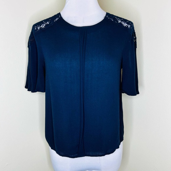 ZARA Basic Blouse XS Navy Blue Lace Shoulder Button Back Minimalist Crewneck - Picture 1 of 5